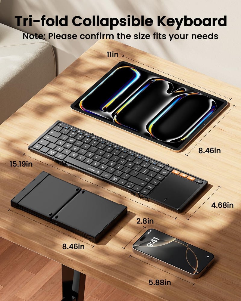 ProtoArc Foldable Keyboard with Touchpad, XK01 TP Folding Portable Keyboard, Full Size Keys, Large Trackpad Bluetooth Travel Keyboards for Laptop PC Tablet - Black - Image 3